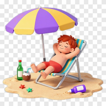 Cartoon Boy Relaxing Under A Beach Umbrella PNG