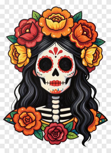 Colorful Skull With Floral Crown PNG