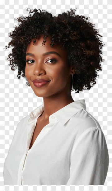 Smiling Woman With Curly Hair In White Shirt PNG
