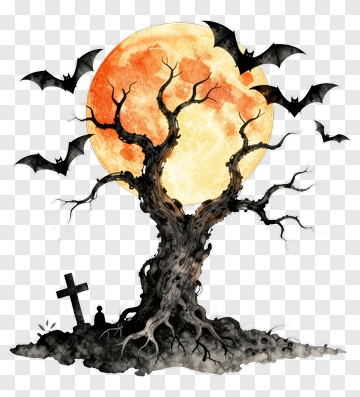 Haunted Tree Under A Full Moon With Bats PNG