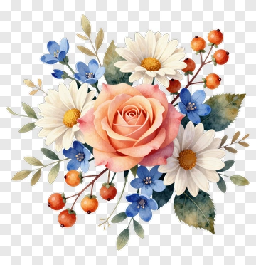 Colorful Floral Bouquet With Roses And Daisies PNG
