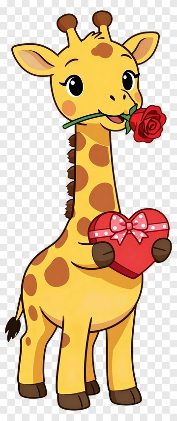 Cartoon Giraffe Holding A Heart Box And Rose PNG