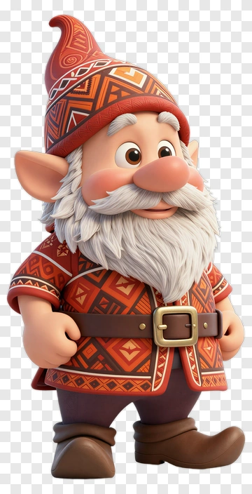 3D Gnome With Red Hat And Patterned Outfit PNG
