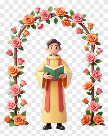 Cartoon Priest Holding A Book Under A Floral Arch PNG
