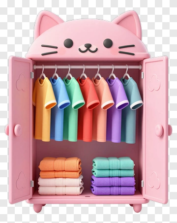 Cartoon Cat Themed Wardrobe With Colorful Clothes PNG