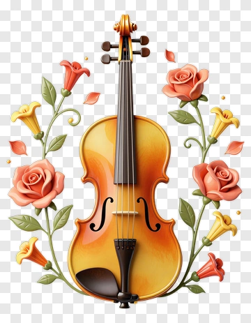Colorful Violin Surrounded By Floral Decorations PNG