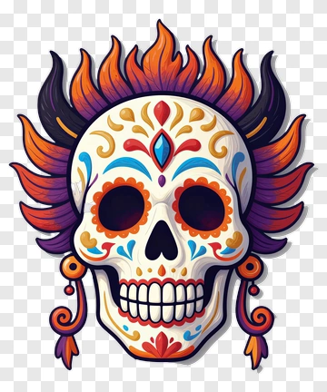 Colorful Sugar Skull With Floral Designs PNG