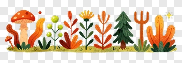 Colorful Autumn Garden With Various Plants And Mushrooms PNG
