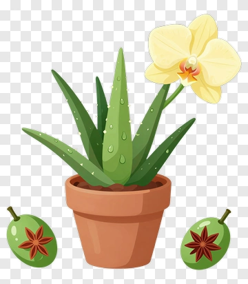 Potted Aloe Vera Plant With Yellow Orchid Flower PNG
