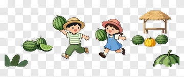 Children Carrying Watermelons In A Farm Setting PNG