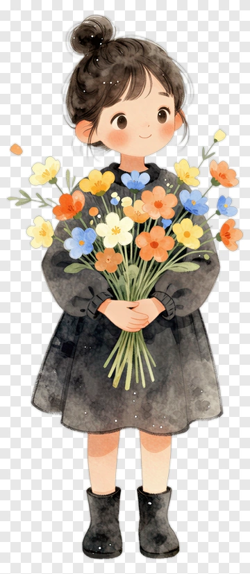 Girl Holding A Bouquet Of Flowers PNG