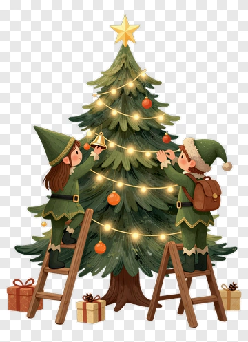 Christmas Elves Decorating A Tree PNG