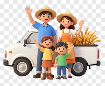 Cartoon Family Standing Beside A Truck With Wheat PNG