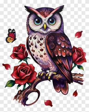 Colorful Owl Surrounded By Roses And A Butterfly PNG