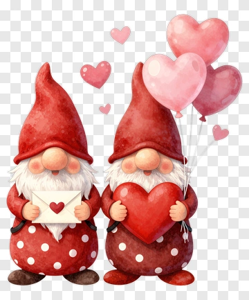 Valentine's Day Gnomes Holding Hearts And Balloons PNG