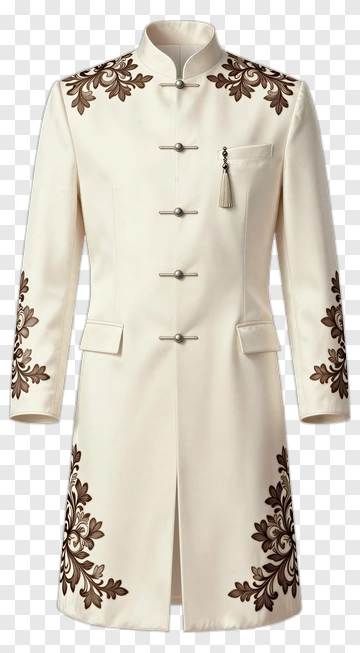 Elegant White Coat With Brown Embroidery PNG