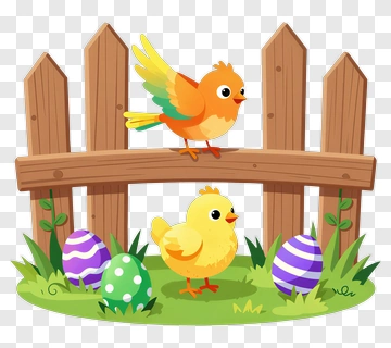 Cartoon Birds With Easter Eggs By A Fence PNG