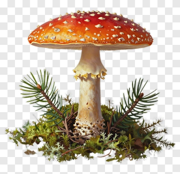 Red Mushroom Surrounded By Green Foliage PNG