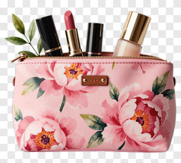 Floral Makeup Bag With Lipsticks And Foundation PNG