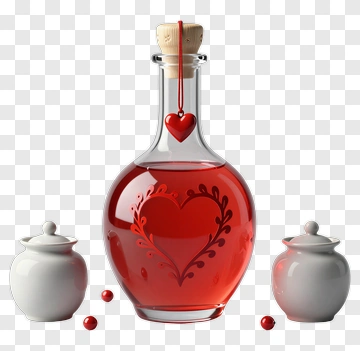 Heart-Shaped Bottle Of Red Liquid With White Jars PNG
