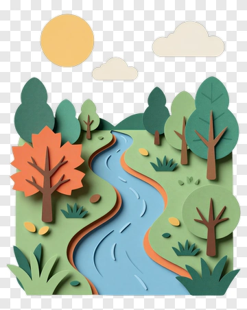 Colorful Paper Cut Landscape With River And Trees PNG