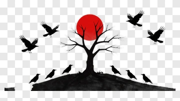 Silhouette Tree With Red Sun And Flying Crows PNG