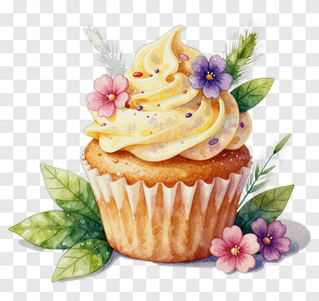 Watercolor Cupcake With Flowers PNG