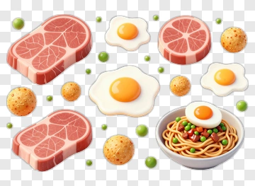 Colorful Food Composition With Meat, Eggs, And Pasta PNG