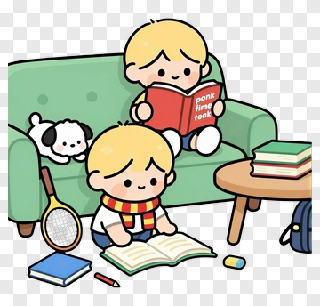Cartoon Children Reading On A Couch PNG