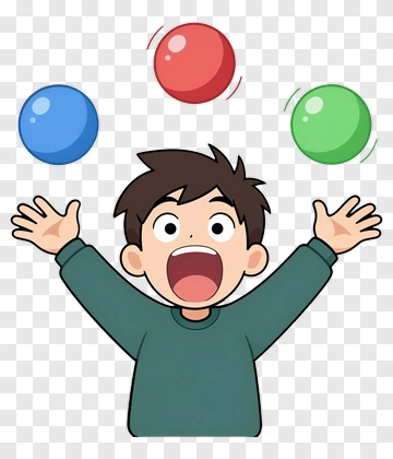 Cartoon Boy Juggling Colorful Balls PNG