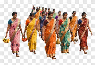 Woman In Colorful Saris Walking With Flowers PNG