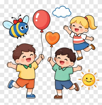 Happy Children Playing With Balloons And A Bee PNG