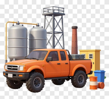3D Orange Pickup Truck With Industrial Equipment PNG
