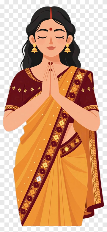 Woman In Traditional Saree With Hands In Prayer Pose PNG