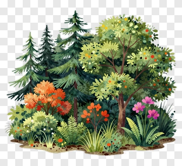 Colorful Forest Scene With Various Trees And Flowers PNG