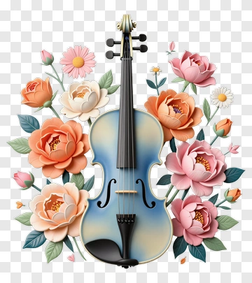 Violin Surrounded By Colorful Flowers PNG