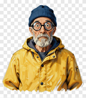 Elderly Man In Yellow Raincoat And Beanie PNG