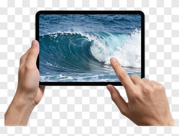 Person Interacting With A Tablet Displaying Ocean Waves PNG