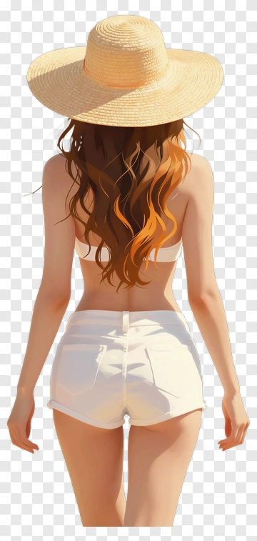 Woman In White Shorts And Straw Hat PNG