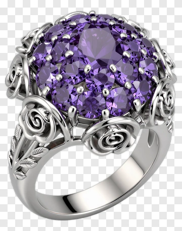 Silver Ring With Purple Gemstone And Floral Design PNG