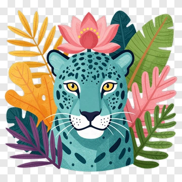 Colorful Leopard Surrounded By Tropical Leaves PNG