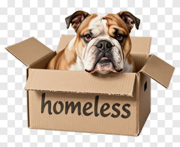 Bulldog In A Box With Homeless Text PNG