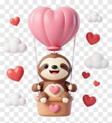 Cartoon Sloth In A Hot Air Balloon With Hearts PNG