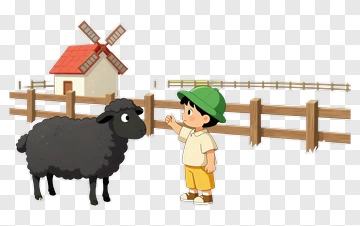 Boy Interacting With A Black Sheep At A Farm PNG