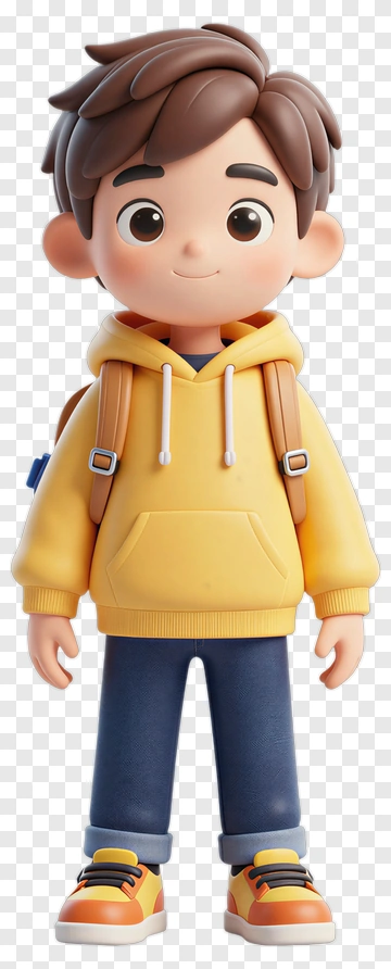 3D Boy Wearing A Yellow Hoodie And Backpack PNG