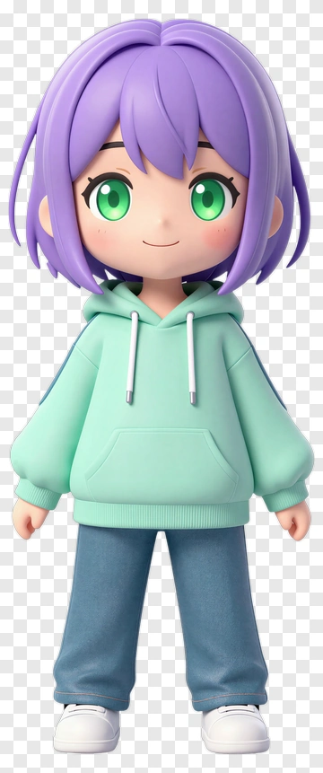 3D Cartoon Character With Purple Hair And Green Eyes PNG