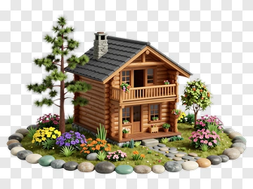 Wooden House Surrounded By Colorful Flowers PNG