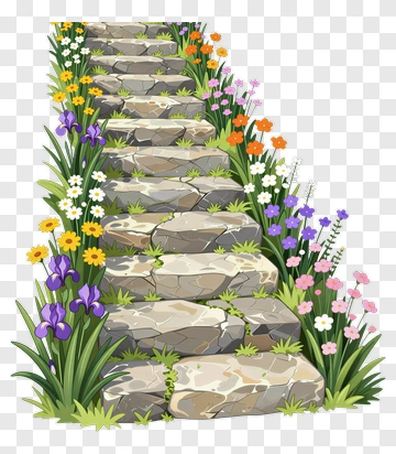 Stone Steps Surrounded By Colorful Flowers PNG