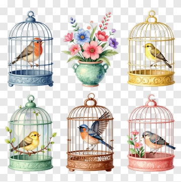 Colorful Birdcages With Flowers And Birds PNG