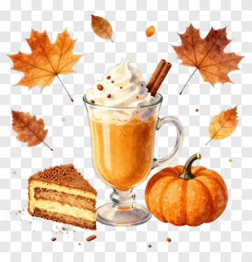 Pumpkin Spice Latte With Cake And Autumn Leaves PNG